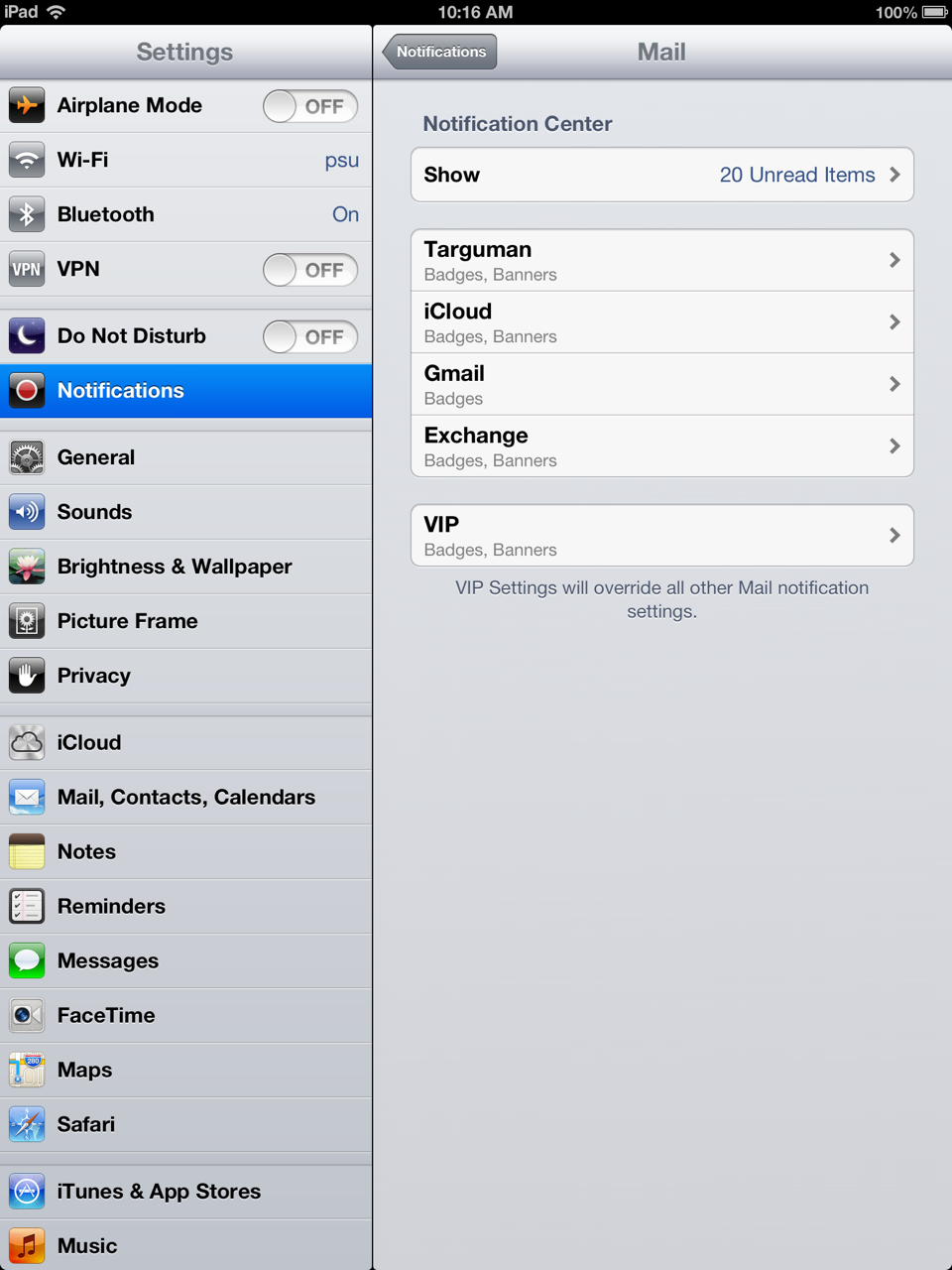 Mail Notification Settings on the iPad